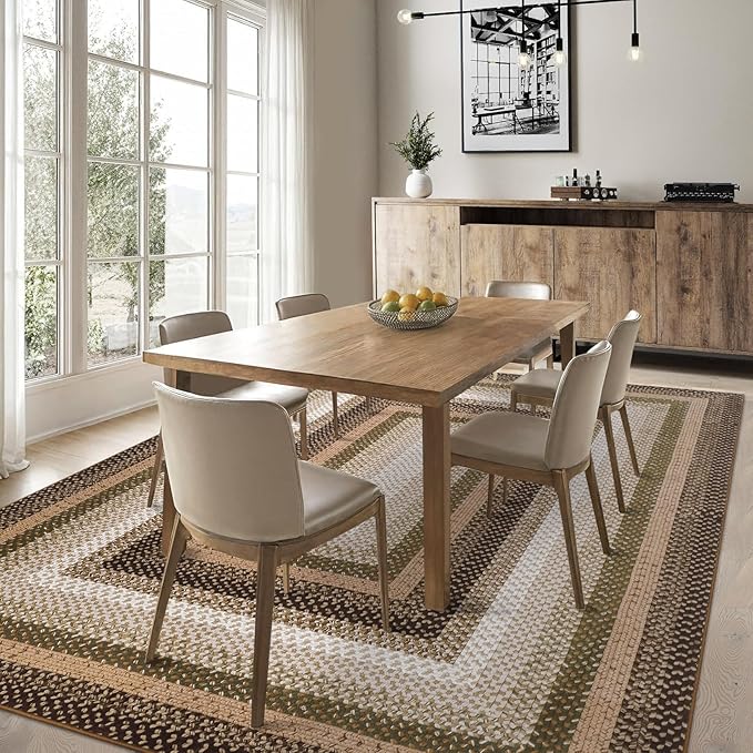 RUGSREAL 5x7 Bedroom Rug Braided Machine Washable Living Room Area Rug Modern Braid Printed Throw Carpet for Dining Room Non Slip Large Entry Area Rug Farmhouse Rug for Home Decor, Moss/Brown