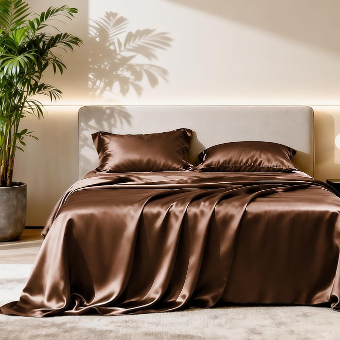 Love's cabin Twin Satin Sheets Sets - 3 Piece Brown Silky Bed Sheets Twin with Deep Pockets, Luxury Silk Feel Satin Sheet Set Bedding Set (1 Flat Sheet,1 Fitted Sheet,1 Pillow case)