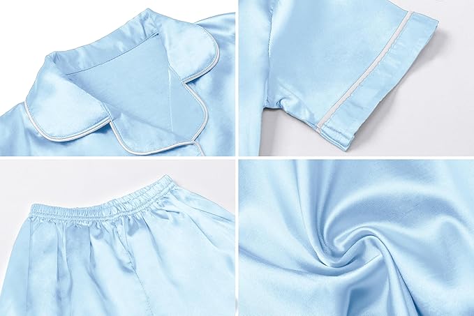 Umeyda Women & Girls Pajamas Set, Soft Satin Lightweight Silk Button-Down Top with Shorts 2 Piece PJS for Mom Boys Kids Gifts