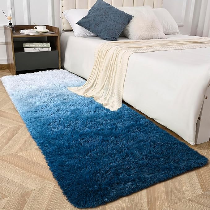 Navy Blue Area Rugs for Bedroom Living Room, 2x6 Feet Fluffy Bedside Rugs, Cute Carpet Rug for Kids Room Nursery, Furry Gradient Rugs for Girls Boys Dorm Room Home Decor