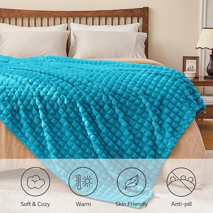 BEDELITE Teal Throw Blanket for Couch and Bed- Super Soft and Warm 3D Checkered Fluffy Fuzzy Fleece Blanket, Luxurious Plush Cozy Blanket for Room Decor Fall and Winter, 50x60 inches