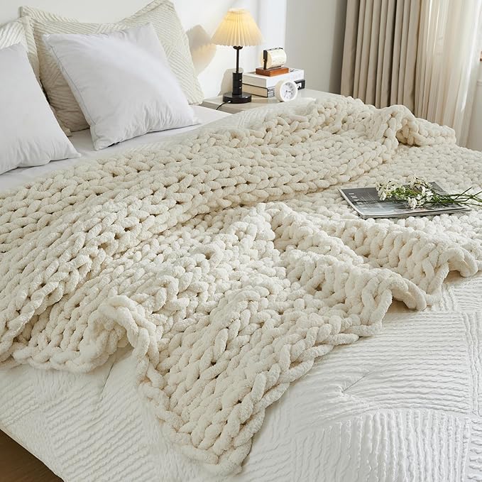 YAAPSU Chunky Knit Throw Blanket for Couch, 51"x63",100% Hand Knitted Thick Cable Knit with Cozy Jumbo Chenille Yarn, Soft Large Rope Knot Crochet Blankets for Sofa Bed Living Room Décor,Vintage White