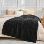 NEWCOSPLAY Super Soft Throw Blanket Black Premium Silky Flannel Fleece 3D Waffle Checkered Lightweight Bed Blanket All Season Use (Black, Throw(50"x70"))