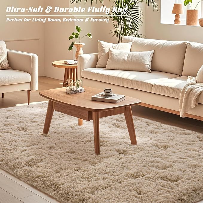 Beige Rugs for Bedroom 6x9 ft - Ultra Soft Faux Fur Area Rug - Plush Non-Slip Shaggy Carpet for Living Room, Cozy Fluffy Rug for Kids Boys Girls Dorm Nursery Room, High Pile Floor Carpet