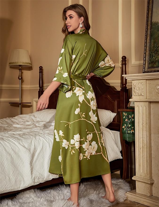 Kihnop Women's Floral Long Kimono Robe Long Satin Robe Long Silk Robe Ladies Kimonos Silky Bathrobe Cover Up, One Size