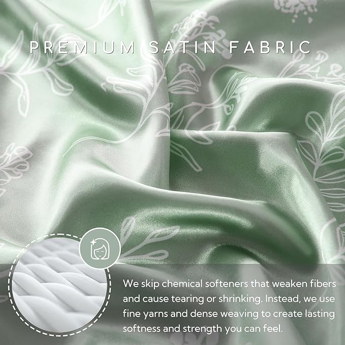 MR&HM Satin Bed Sheets with Elastic Corner Straps, Queen Size Sheets Set, 4 Pcs Silky Bedding Set with 15 Inches Deep Pocket for Mattress (Queen, Floral Sage)