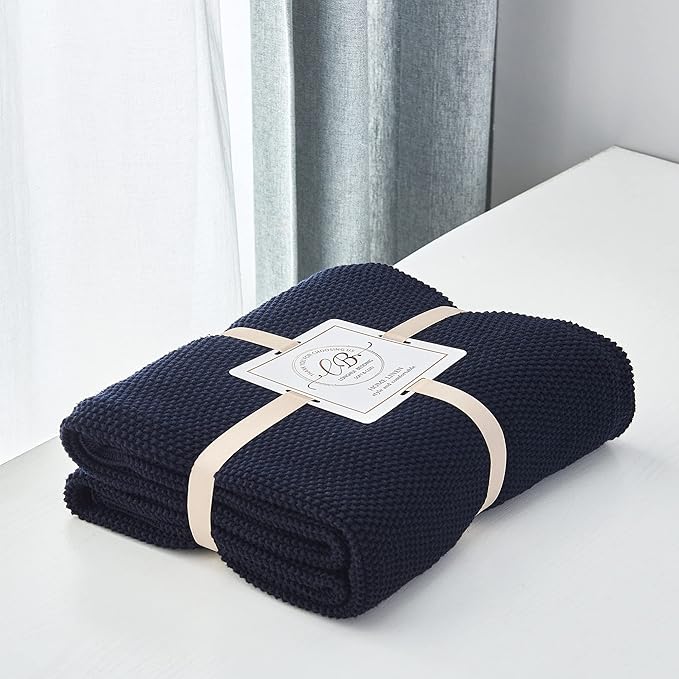 Longhui bedding Dark Navy Blue Cotton Cable Knit Throw Blanket for Couch Sofa Bed, Lightweight Home Decorative Throws, Bonus Laundering Bag, 50“ x 60” Machine Washable