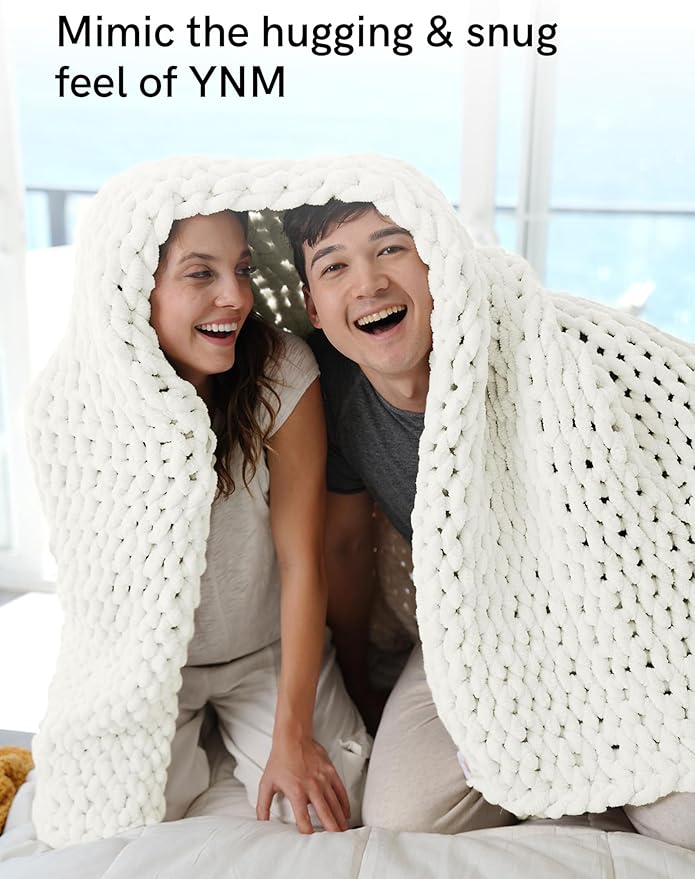 YnM Chunky Throw Blanket, Hand Knitted with Chenille Yarn, Skin Friendly, Ventilated and Breathable, Machine Washable, Home Décor Piece for Couch, Sofa and Bed (White, 30x40 Inch)