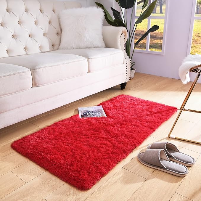 DETUM Red Shaggy Runner Rug 2x4 Fluffy Hallway Runners for Bedroom Bedside Soft Rugs for Kids Room Non-Slip Nursery Office Dorm Washable Carpets Home Decor