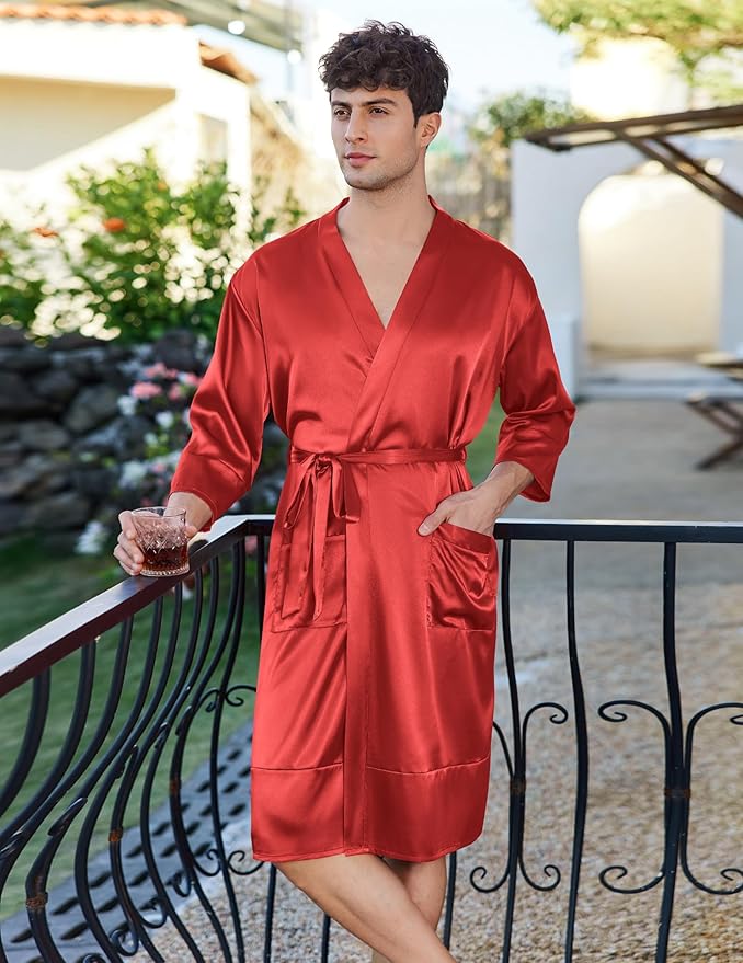 Ekouaer Mens Satin Robe Lightweight Silky Kimono Bathrobe 3/4 Sleeve Spa Knee Length Loungewear with Pockets S-3XL