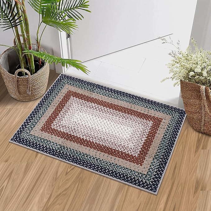 RUGSREAL Entryway Area Rug 2x3 Small Rug Machine Washable Bedroom Area Rug Non Slip Bathroom Mat Stain Resistant Farmhouse Carpet Modern Rustic Rug for Living Room Dining Room, Olive/Brown