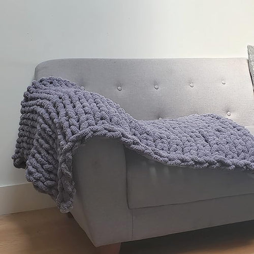 Adyrescia Chunky Knit Blanket Throw | 100% Hand Knit with Jumbo Chenille Yarn (30"x40", Lilac Gray)