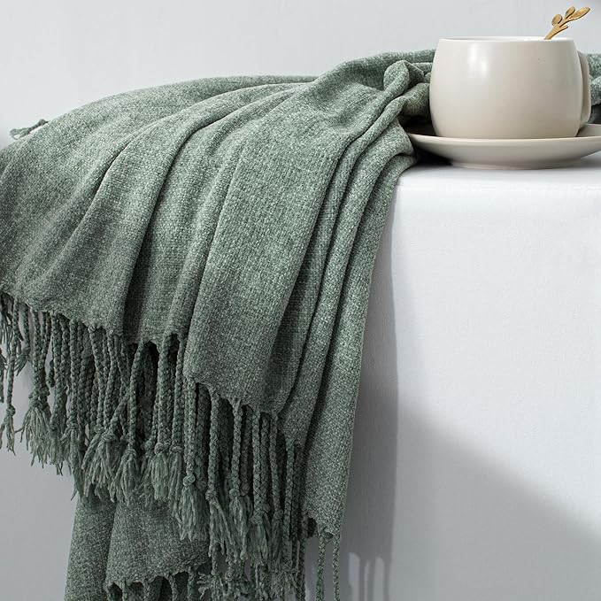 Chenille Throw Blanket for Couch with Tassels,50"X60" Soft Lightweight Knitted Boho Decorative Blankets for Bed and Sofa,Sage Green