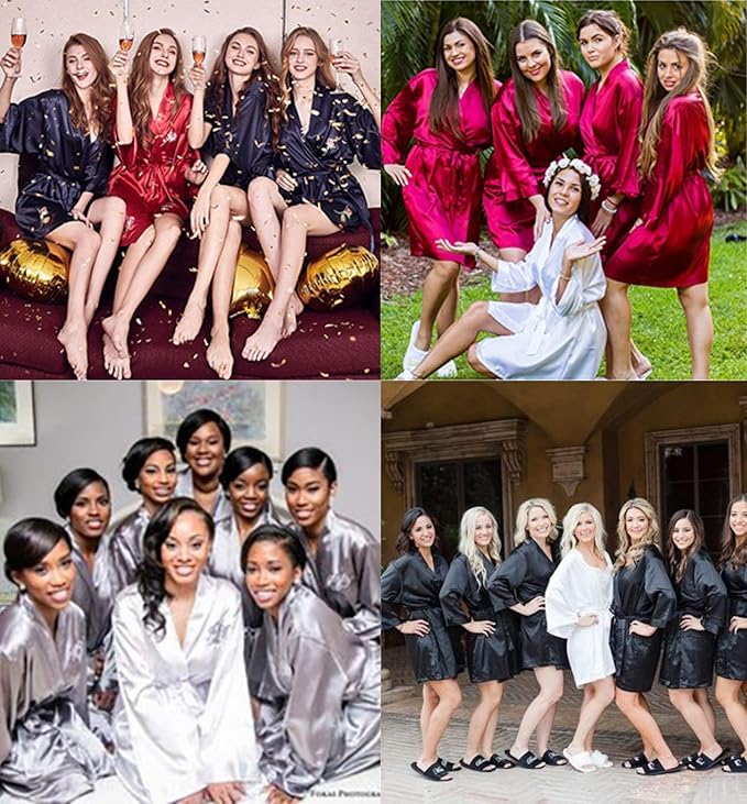 Ekouaer Women's Satin Robe Valentines Lingerie for Women Kimono Bathrobe Short Ruffle Belted Robes Bridesmaids Sleepwear