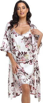 Women's Satin Robes Set with Nightgown Silk Kimono Pajamas 2 Piece Sleepwear Camisole Wedding Bride Gown Set