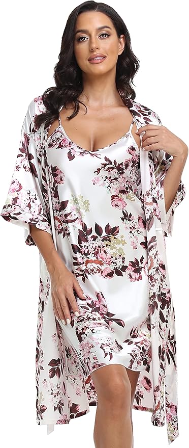 Women's Satin Robes Set with Nightgown Silk Kimono Pajamas 2 Piece Sleepwear Camisole Wedding Bride Gown Set