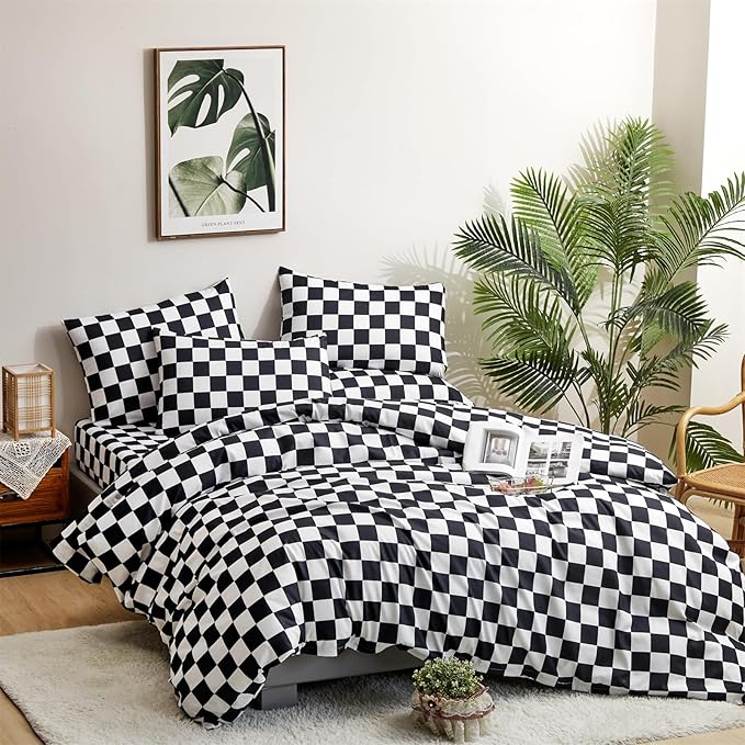 CLOTHKNOW Black White Plaid Twin Comforter Set Grid Bedding Comforter Sets Soft Checker Black and White Comforter with 2 x Pillow Cases