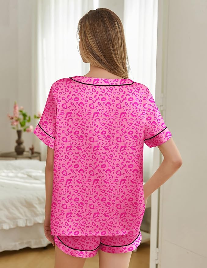 Silk Pajamas for Women Short Sleeve Satin 2 Piece Pj Set Soft V Neck Sleepwear Loungewear, S-XXL