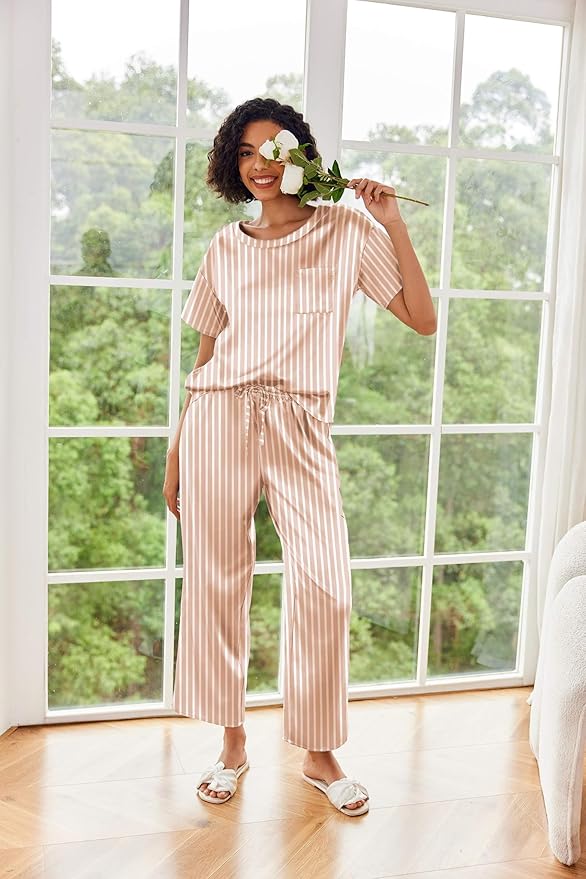 Ekouaer Womens Satin Silky Pajama Set Short Sleeve Shirt with Long Pajama Pant Set Soft PJ Loungewear