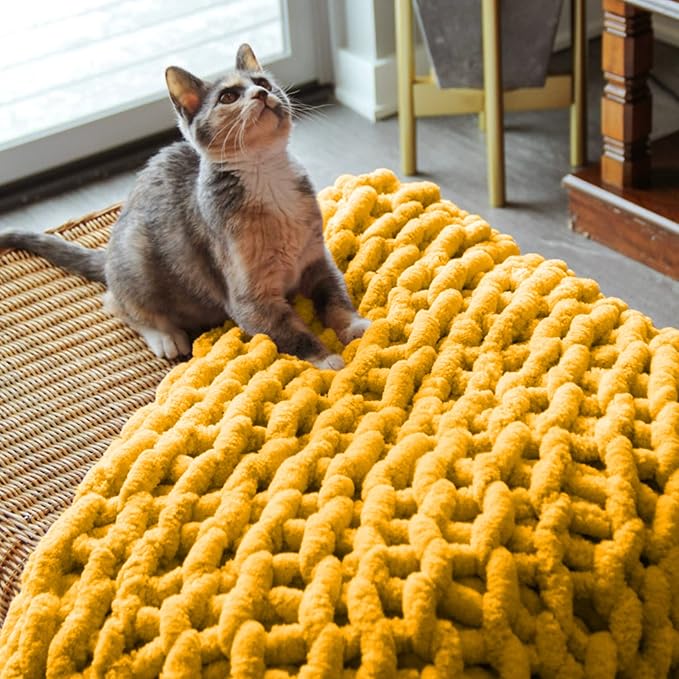 Adyrescia Chunky Knit Blanket Throw | 100% Hand Knit with Jumbo Chenille Yarn (30"x40", Harvest Yellow)