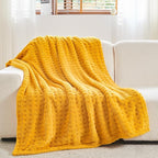 NEWCOSPLAY Super Soft Queen Blanket Yellow Premium Silky Flannel Fleece 3D Waffle Checkered Lightweight Bed Blanket All Season Use (Mustard Yellow, Queen(90"x90"))