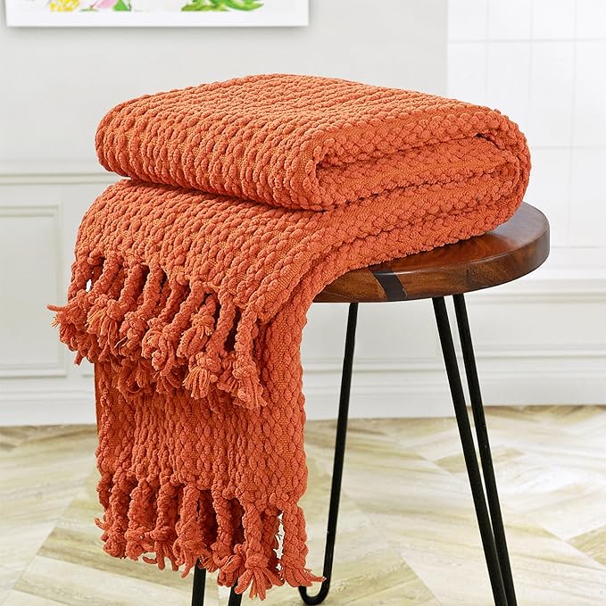 Striped Knit Throw Blanket with Braided Tassels 50" x 60", Hand Knitted Soft Chunky Chain Design Boho Farmhouse Blanket, Solid Color Tassel Decor Throw for Couch Bed Sofa Outdoor, Burnt Orange