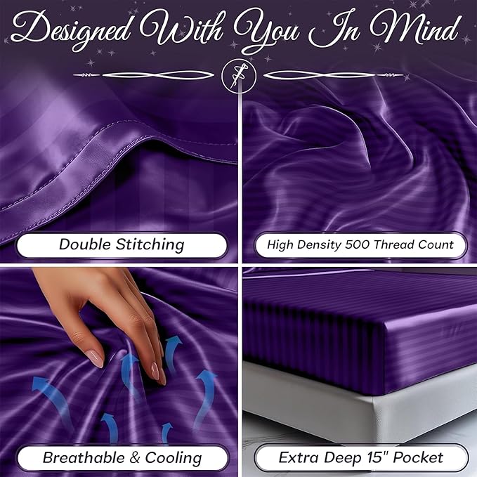 SLEEP SANCTUARY Satin Sheets Twin Size – 3 Piece Luxury Silky Bed Set, Softer Than Silk, 15" Deep Pocket, Cooling & Wrinkle-Free, Moisture-Wicking & Breathable for Hair & Skin (Striped Purple)