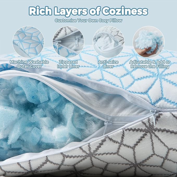 WOLKI King Size Pillows Set of 2 Shredded Memory Foam Pillows 2 Pack, Adjustable Firm Pillow for Side Sleepers, Back, Stomach, Hot Sleepers (20x36)