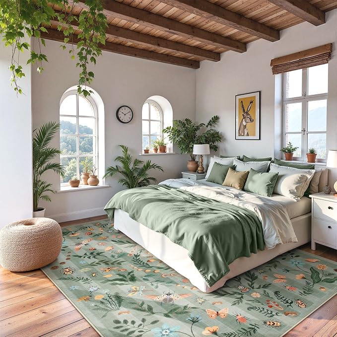 Lahome Chloe Insect Botanical Washable Rugs 8x10 Green Rug for Living Room, Boho Non Slip Rugs for Bedroom, Indoor Throw Dining Room Rug for Under Table Carpet for Home Office Playroom(Green,8x10)