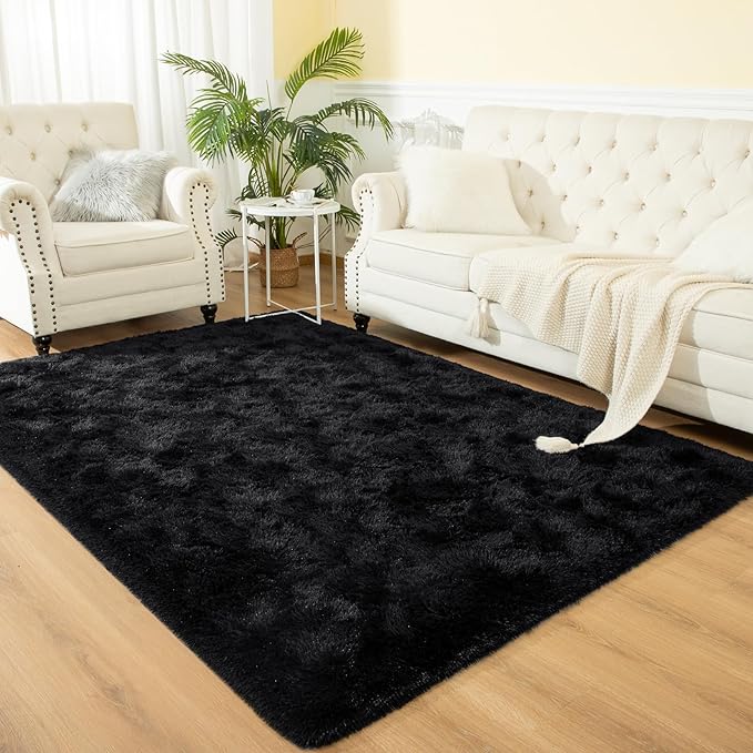 Softlife Area Rug for Living Room, Fluffy Shag Plush 5.3x7.6 Black Rugs for Bedroom Girls, Shaggy Soft Fuzzy Kids Large Carpet for Dorm Bedside Ultra Cozy Non-Slip Indoor Decor