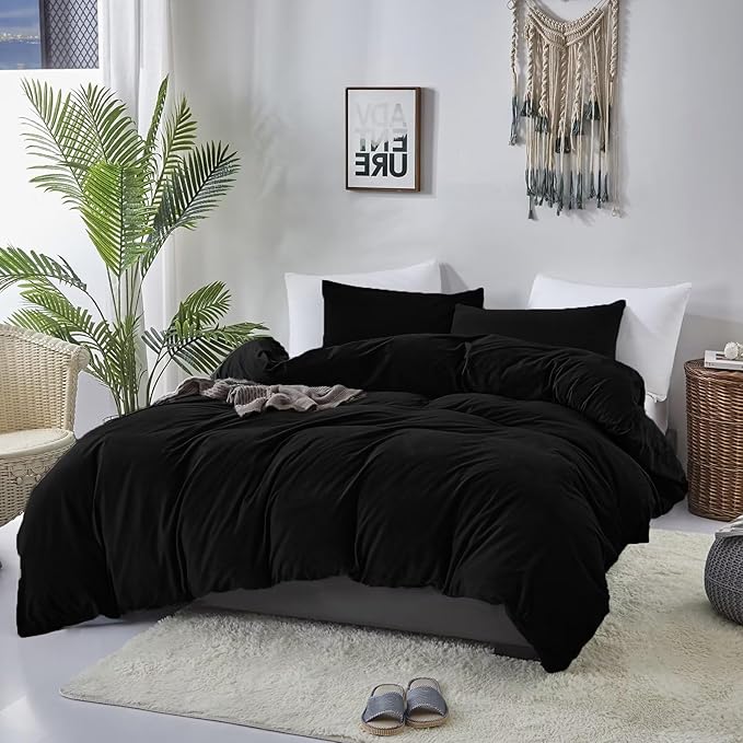 Luxlovery Black Velvet Comforter Set King Men Plush Fluffy Black Bedding Set Dark Color Minimalist Bedding Set Solid Modern Blanket Quilts Winter Warm Flannel Comforter Set for King Bed
