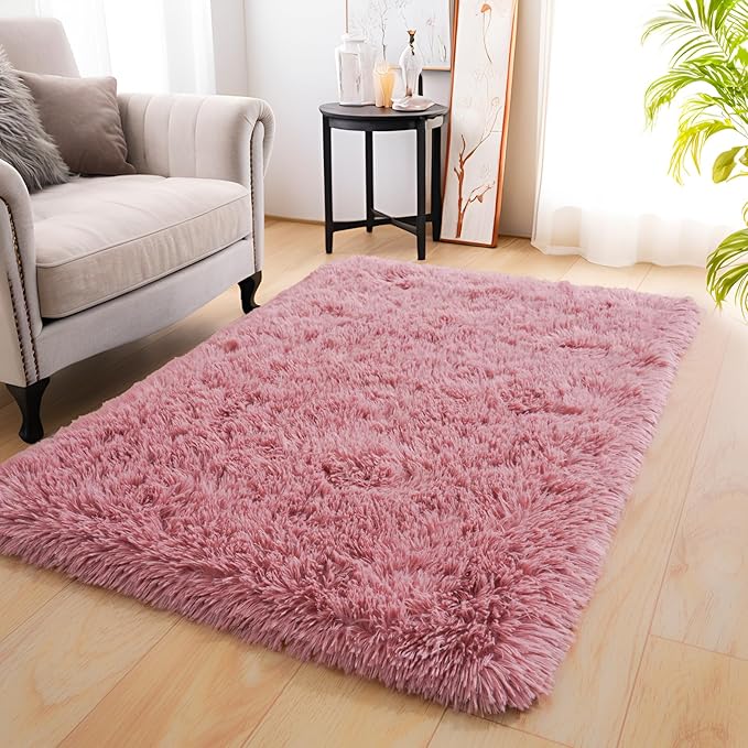 KING DARE Small Shag Rug 2x3 for Bedroom, Soft Fuzzy Bedside Throw Area Rug for Living Room Dorm, Non Slip Plush Carpet Modern Home Decor Aesthetic for Entrance Nursery Kids Room, Blush