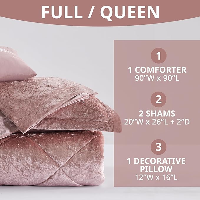 Intelligent Design Twin Comforter Set, Velvet Comforter Set , Luxury Diamond Quilting Comforter Set, Fluffy Comforter Bed Set with Decorative Pillowand 1 Sham, 3 Piece Pink, Twin/Twin XL