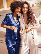 Ekouaer Satin Pajamas Set Women Short Sleeve Sleepwear Soft Button Down Loungewear Pjs Set