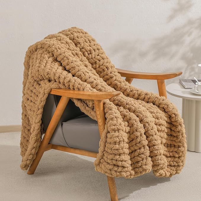 bearberry Chunky Knit Throw Blanket 60x80 Inches Handmade, Soft Jumbo Chenille Yarn with Cable Rope Knot Design | Thick Cozy Large Blanket for Couch, Sofa, Bed & Living Room Home Decor | Camel