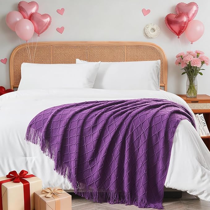 inhand Purple Knitted Throw Blanket for Couch Bed, Mothers Day/Mom Birthday Gifts for Mom from Daughter Son, Soft Lightweight with Tassels, Farmhouse Warm Decorative Blanket for Women, 60"x80"