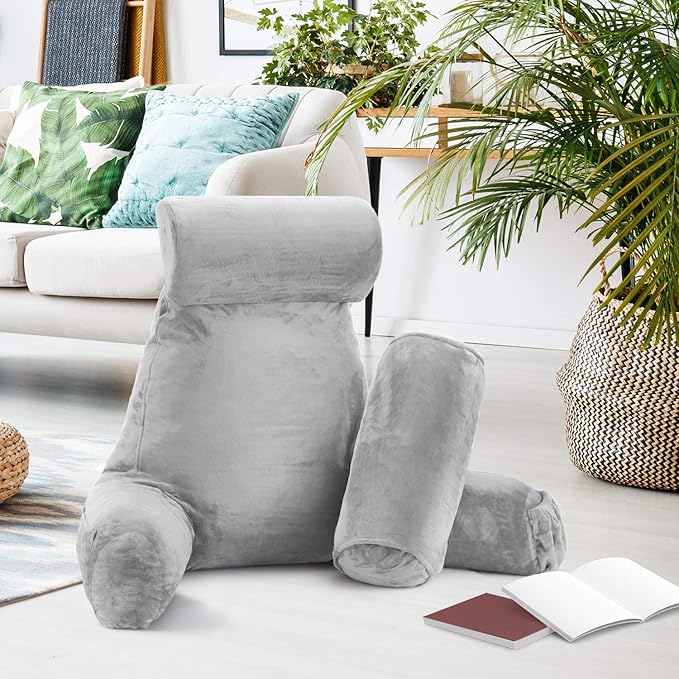 Clara Clark Reading Pillow with Shredded Memory Foam Includes 2 Neck and Lumber Support Pillows, Designed for Sitting Up in Bed and Couch Back and Arms Adjustable Support for Adults & Teens Light Grey