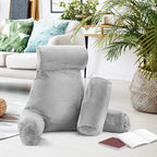 Clara Clark Reading Pillow with Shredded Memory Foam Includes 2 Neck and Lumber Support Pillows, Designed for Sitting Up in Bed and Couch Back and Arms Adjustable Support for Adults & Teens Light Grey