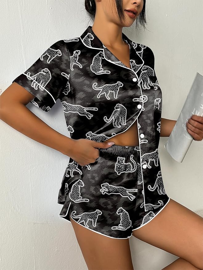 Ekouaer Womens Silk Satin Pajama Set Print Short Sleeve Sleepwear Button Down Pjs Shorts Set Loungewear