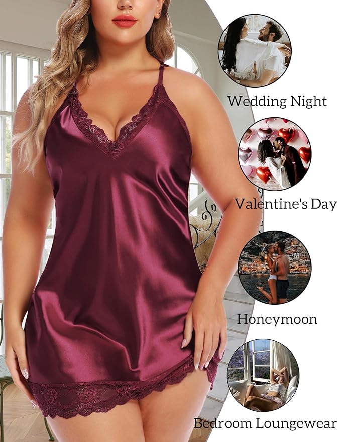 Avidlove Women Lingerie Plus Size Satin Lace Chemise Nightgown Sexy Full Slips Sleepwear L-4XL