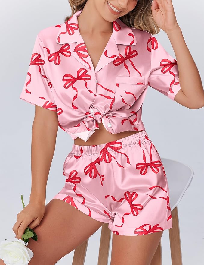 Ekouaer Womens Silk Satin Pajamas Set Animals Print Pjs Button Down Short Sleeve Lounge Set 2 Piece Sleepwear