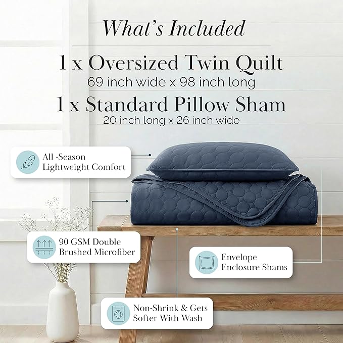 Southshore Fine Living, Inc. Oversized Bedding Quilt, Lightweight Bedding, Twin XL Bedspread, Soft Coverlet 2-Piece Set with One Matching Quilted Pillow Sham, All Season Twin/XL Quilt Set, Navy Blue
