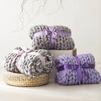 Boho Throw Blanket - Chunky Knit Blanket Full Size Blanket for Adult 54x75, Boho Blanket Bed Decor, Knit Blanket for Couch, Birthday Gift for Women, Ideas (Grey-Pink-White, 54"x75")