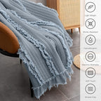 Ultra Soft Pre-Washed Quilted Throw Blanket, Ruffle Fringed Dark Blue Decorative Throw, Stone Washed Chic Rustic Blanket for Sofa Couch Bed Chair, 50"x 60"