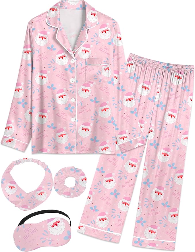 EPLAZA Kids Satin Pajamas Sets Girls Boys Button-Down Silky Pajamas Sleepwear with Hairband Eye Mask Hair Tie