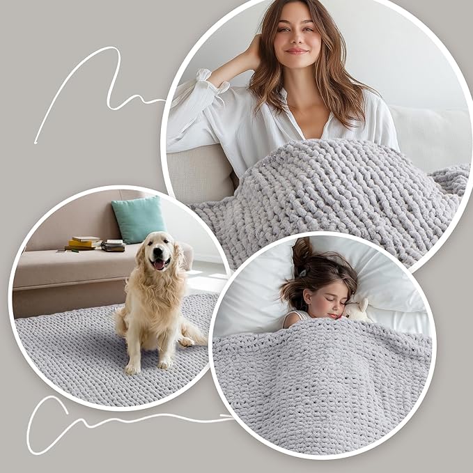 YJLMLY Chunky Knit Throw Blanket,50x60 Inch Heavy 4.4lbs, Hand Knit Chenille Couch Blanket, Soft Cable Knit Gift for Women Mom Wife, Modern Home Decor