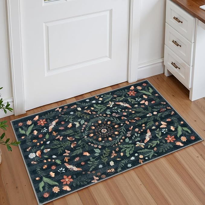 Lahome Insect Botanical Floral 2x3 Small Kitchen Rugs for Entryway Black Door Mat Indoor Entrance,Washable Boho Bathroom Area Rug,Soft Non-Slip Indoor Carpet Throw Rugs for Entry Laundry(Black,2x3)