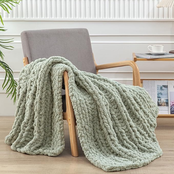 WESHIONGOO Chunky Knit Blanket Throw 40"×60" Knitted Throw Blankets for Couch Bed Fluffy Soft Blanket with Jumbo Chenille Yarn Thick 100% Handmade(Sage Green, Medium Size Throw)