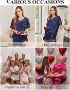 Silk Pajamas for Women Short Sleeve Satin 2 Piece Pj Set Soft V Neck Sleepwear Loungewear, S-XXL