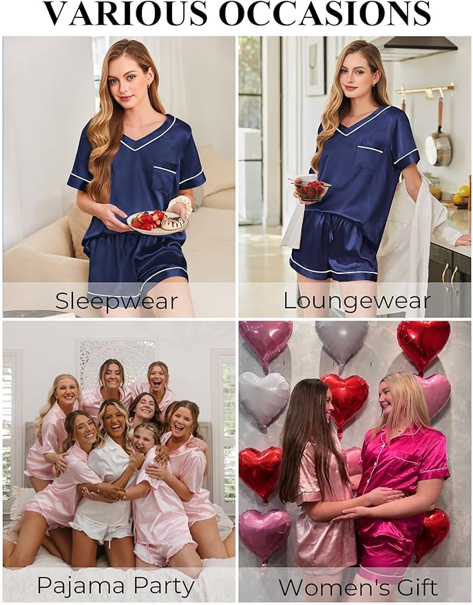 Silk Pajamas for Women Short Sleeve Satin 2 Piece Pj Set Soft V Neck Sleepwear Loungewear, S-XXL